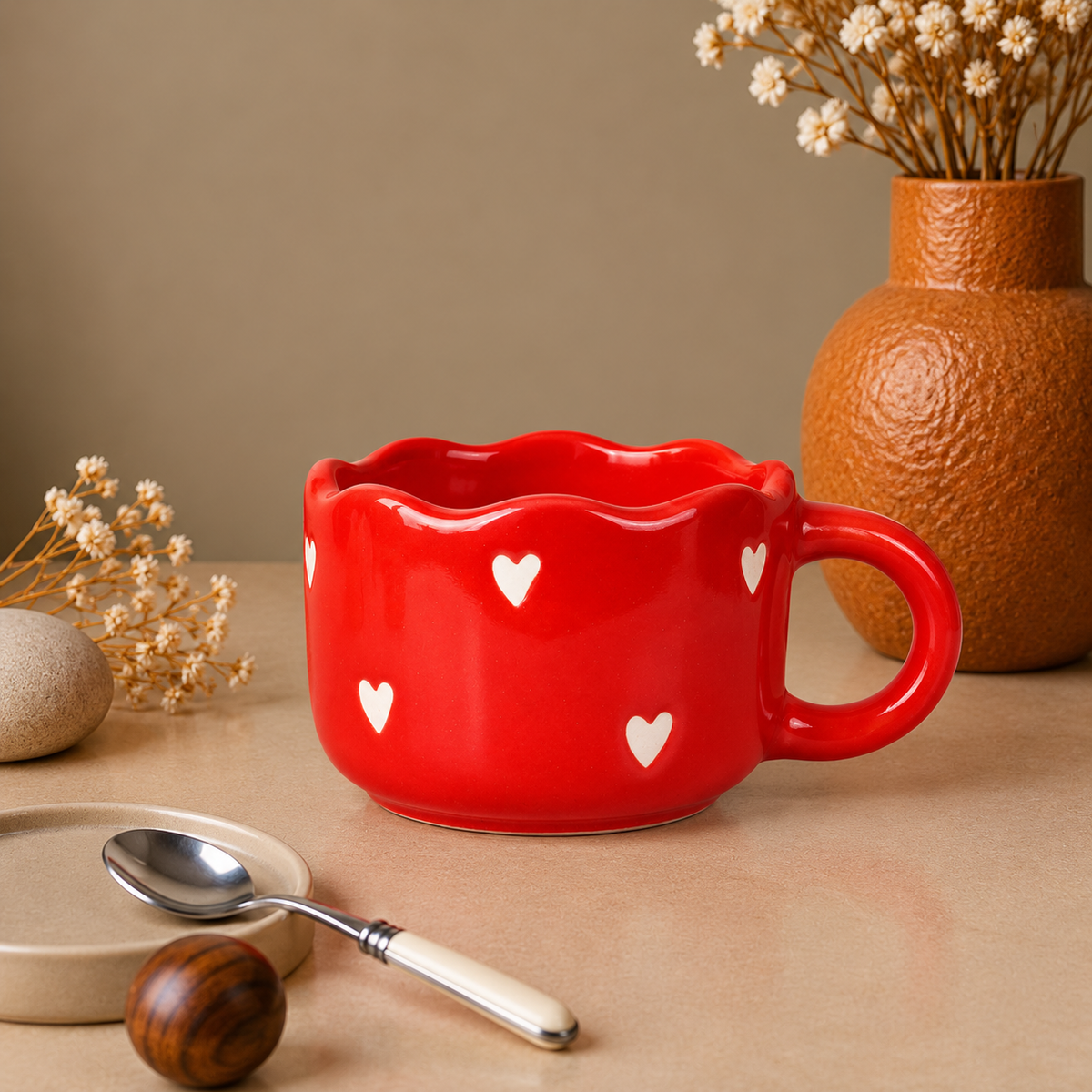 Red Ceramic Heart Mug – Cute White Heart Print Coffee & Tea Cup