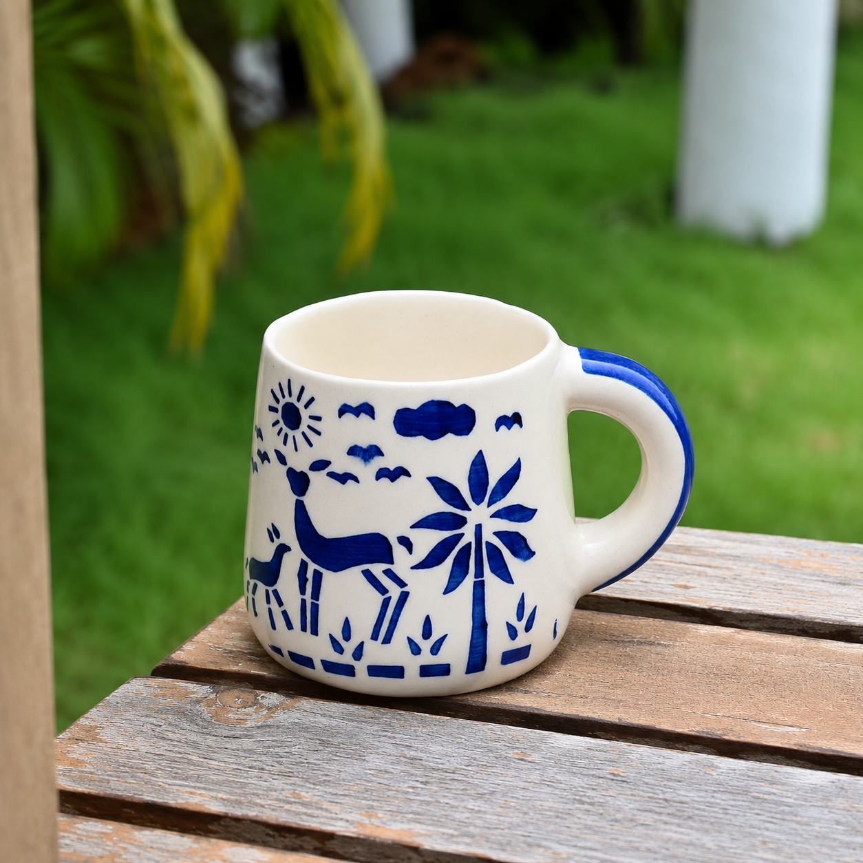 White Ceramic Coffee Mug with Blue Hand Painted Ocean & Nature Design