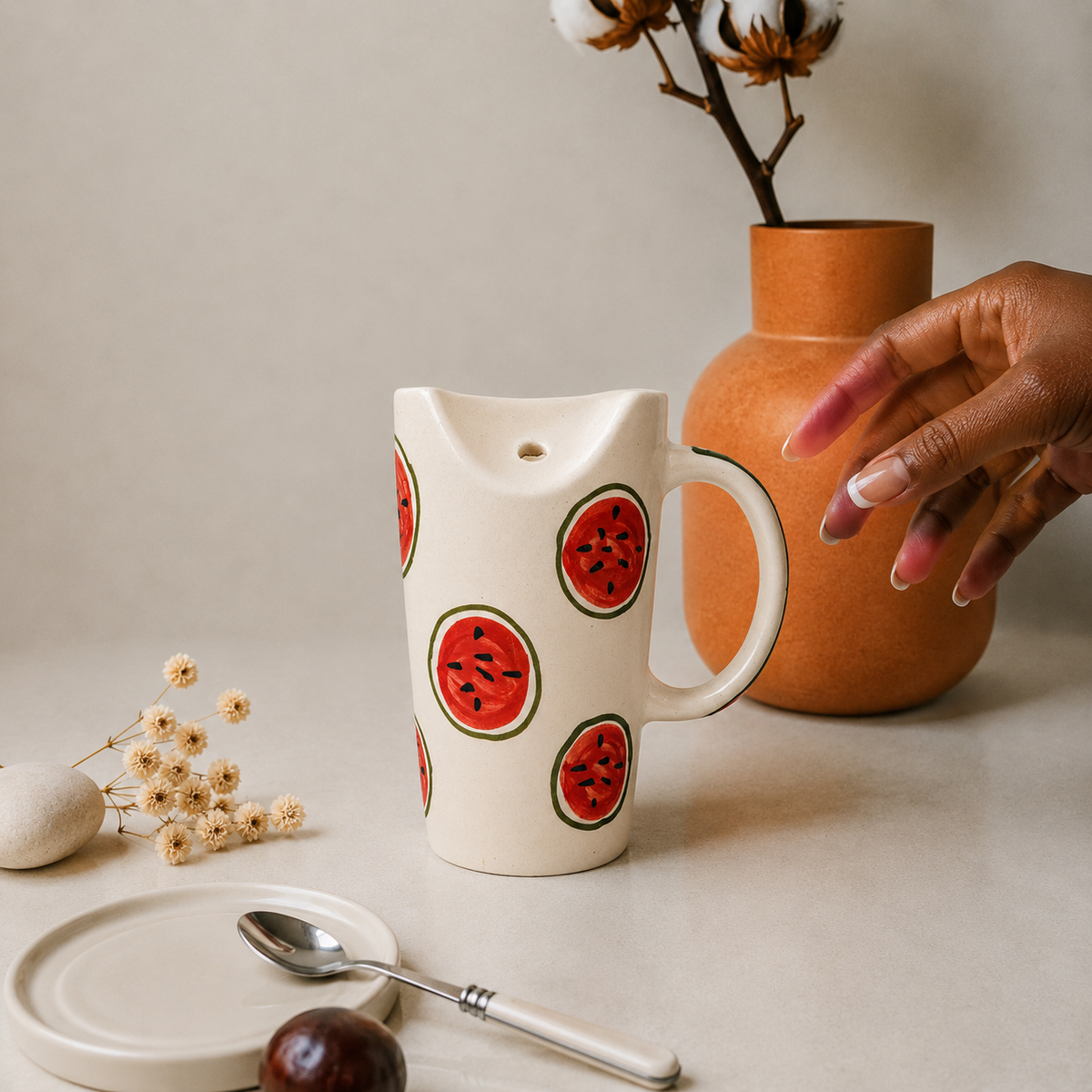 White Ceramic Watermelon Mug – Cute Fruit Print Coffee Cup for Tea & Beverages
