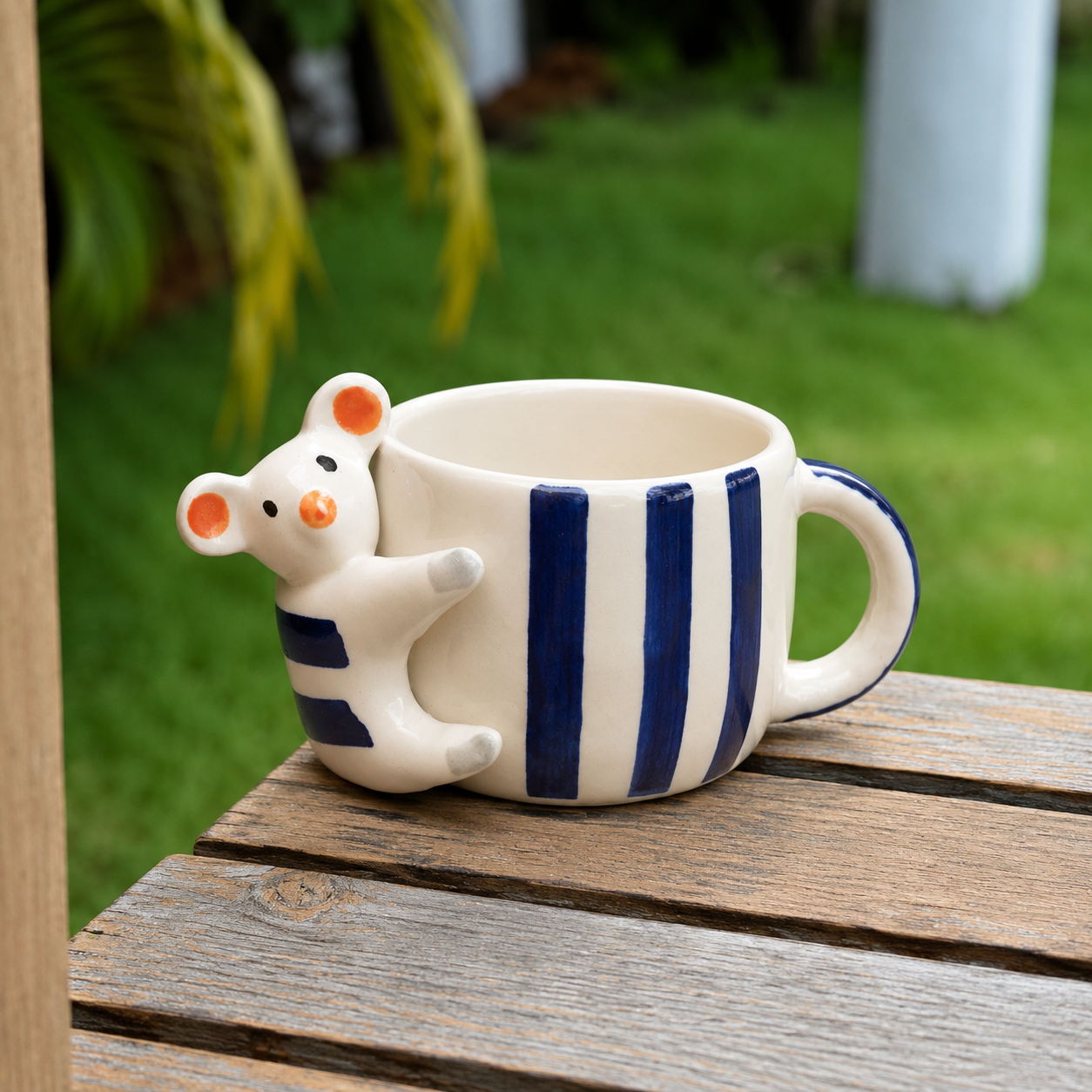 Coffee Mug with 3D Bear Design & Blue Stripe Pattern, Adorable Animal Tea Cup