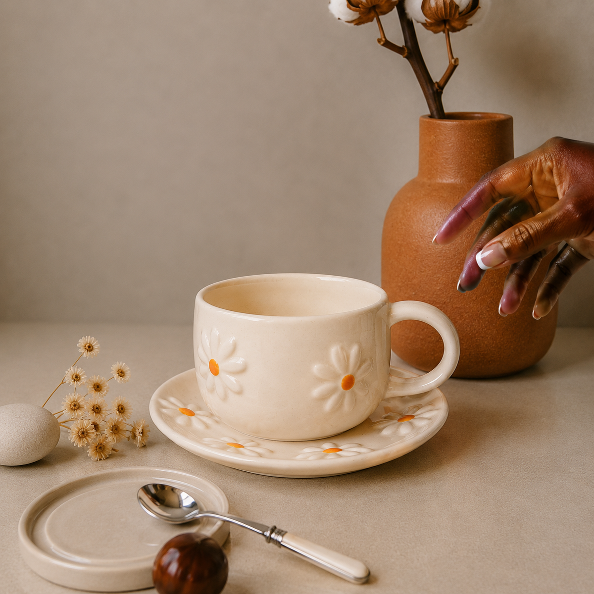 White Ceramic Daisy Mug with 3D Flower Design – Cute Aesthetic Coffee Cup for Tea & Coffee