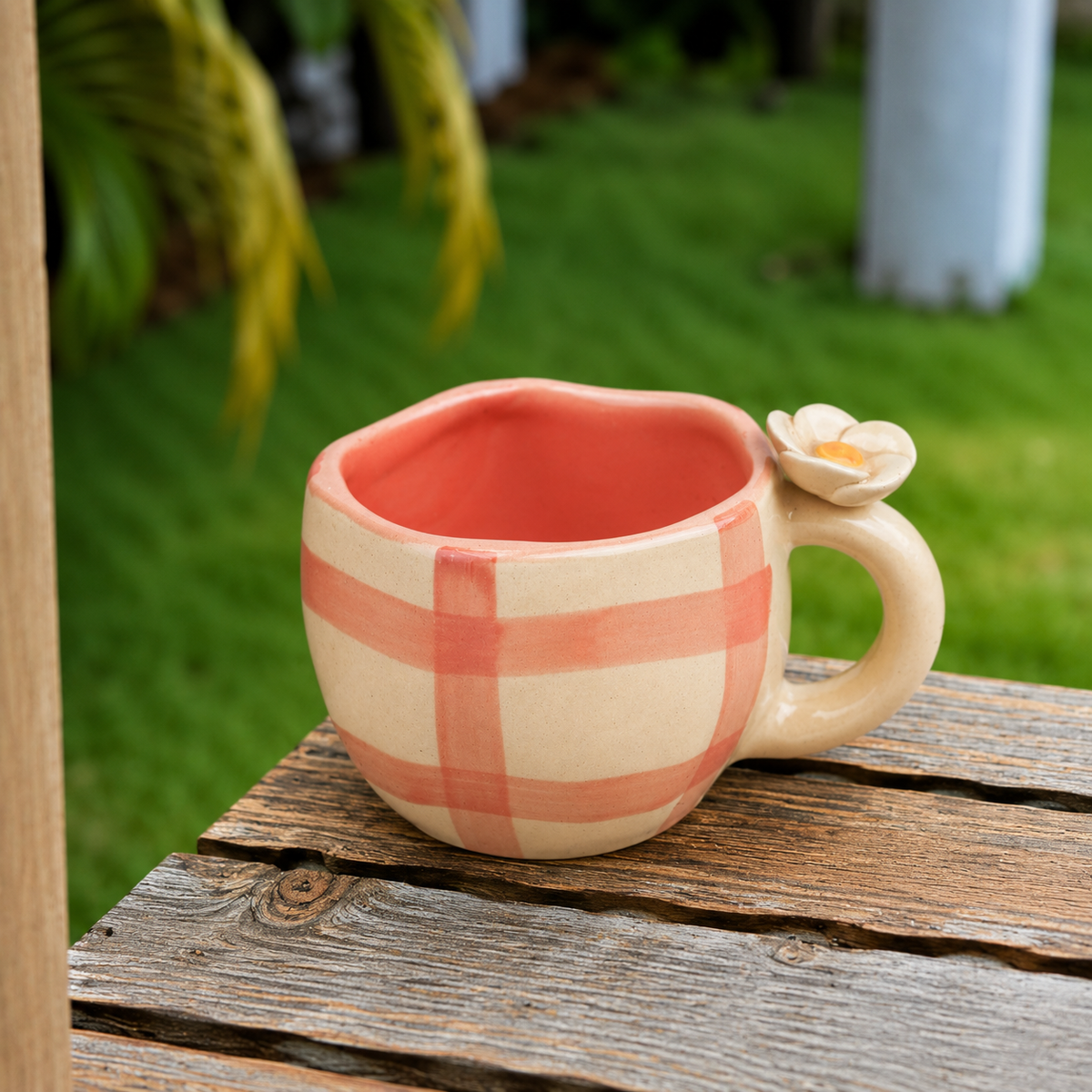 Peach & Cream Ceramic Mug with Flower Handle – Cute Aesthetic Coffee Cup for Tea & Home