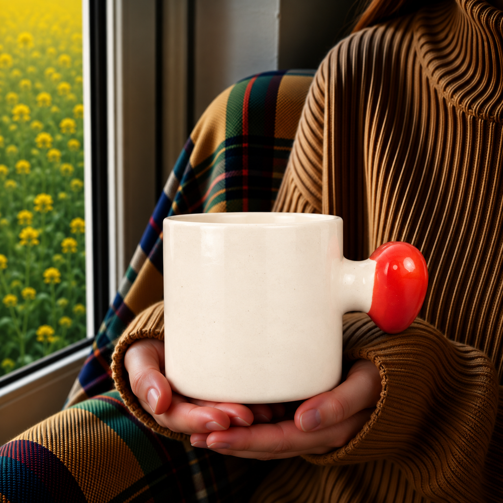 White Ceramic Mug with Red Heart Handle – Minimalist Cute Coffee & Tea Cup