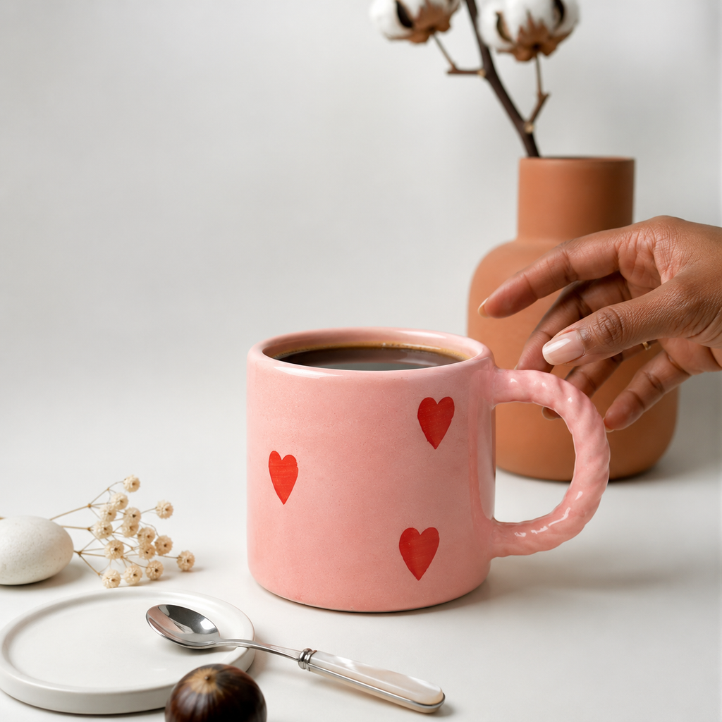 Blush Pink Heart Ceramic Mug | Cute Handcrafted Coffee & Tea Cup