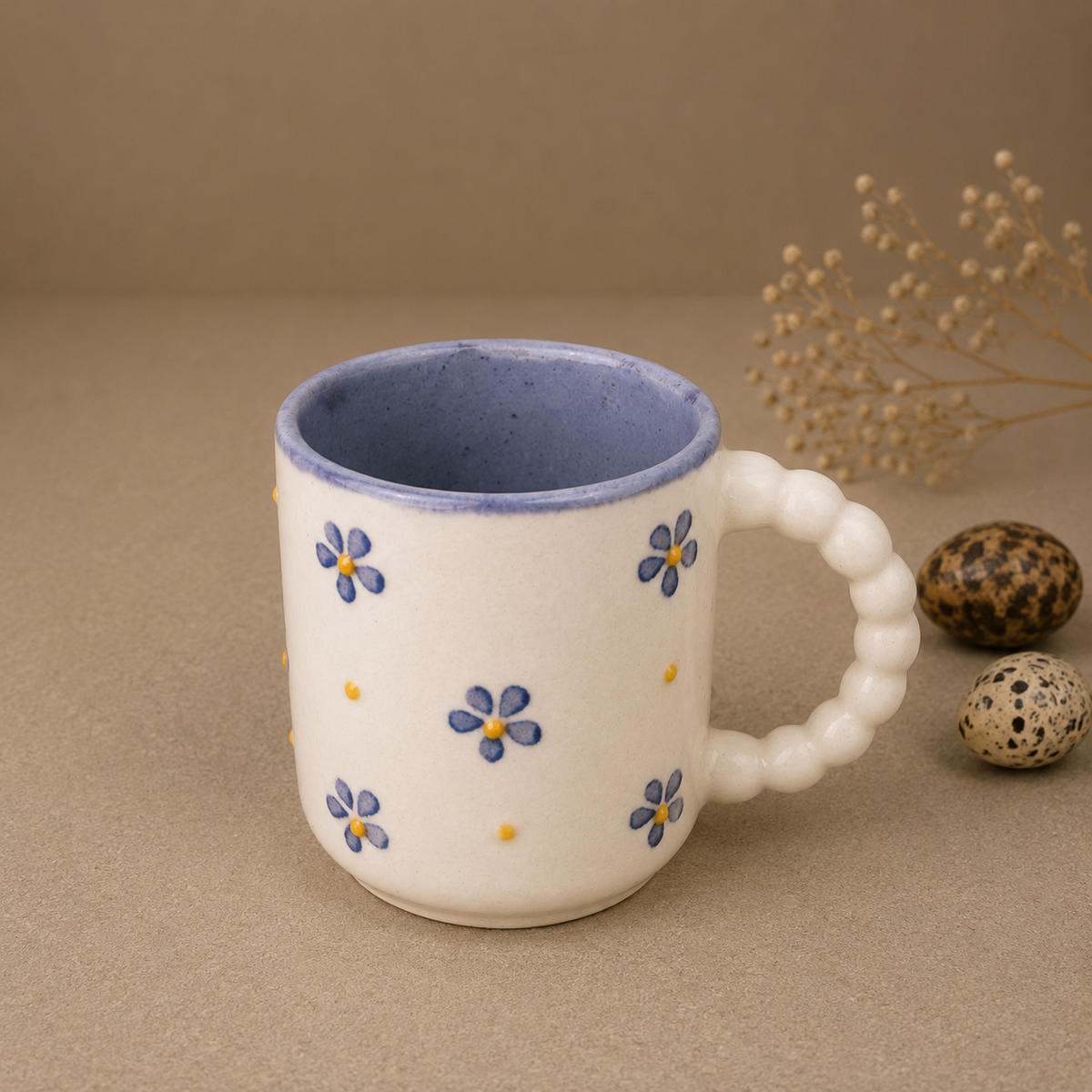Cream Ceramic Mug with Blue Floral Design – Cute Aesthetic Coffee Cup with Textured Handle