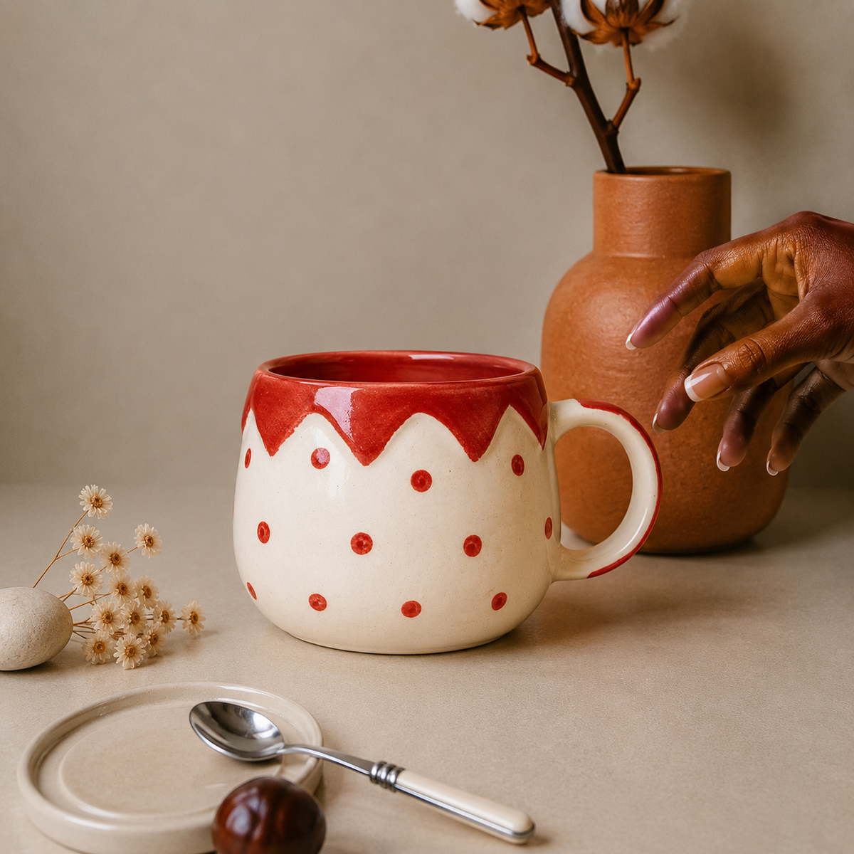 White & Red Ceramic Mug with Polka Dot & Drip Design – Cute Aesthetic Coffee Cup for Tea & Coffee