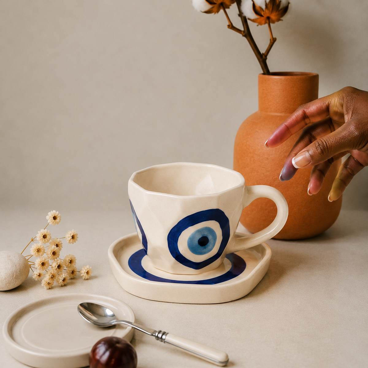 White Ceramic Cup & Saucer with Blue Evil Eye Design – Aesthetic Tea & Coffee Mug Set