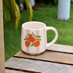 Ceramic Coffee Mug with Hand Painted Orange Fruit Design & Pink Stripe Pattern