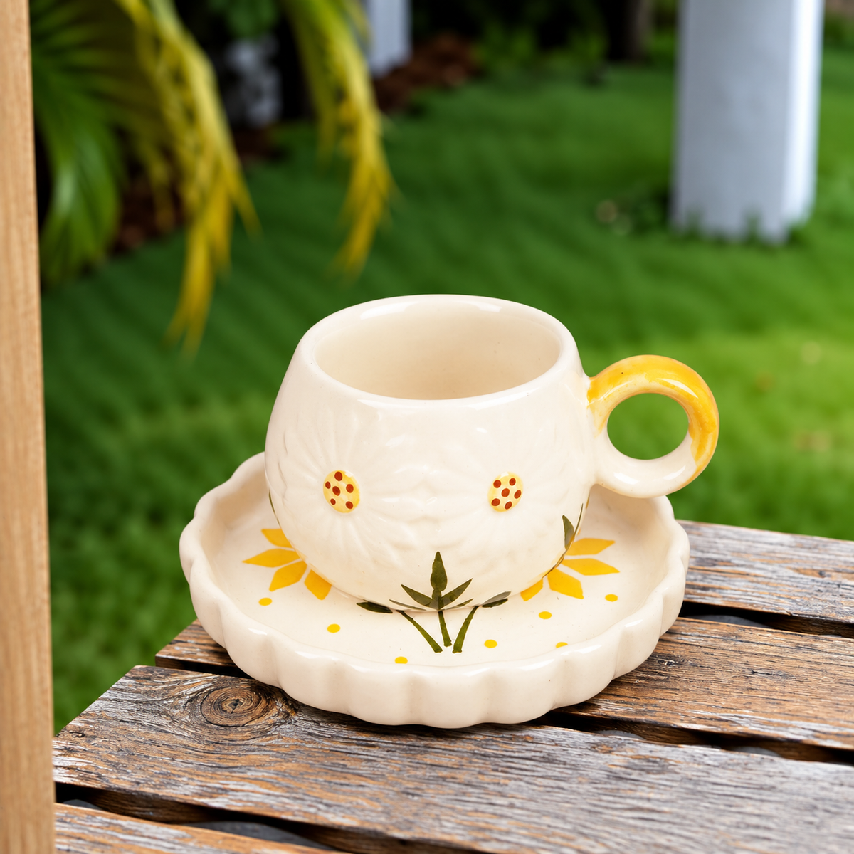 White Ceramic Orange Mug – Hand-Painted Citrus & Sun Design Coffee Cup
