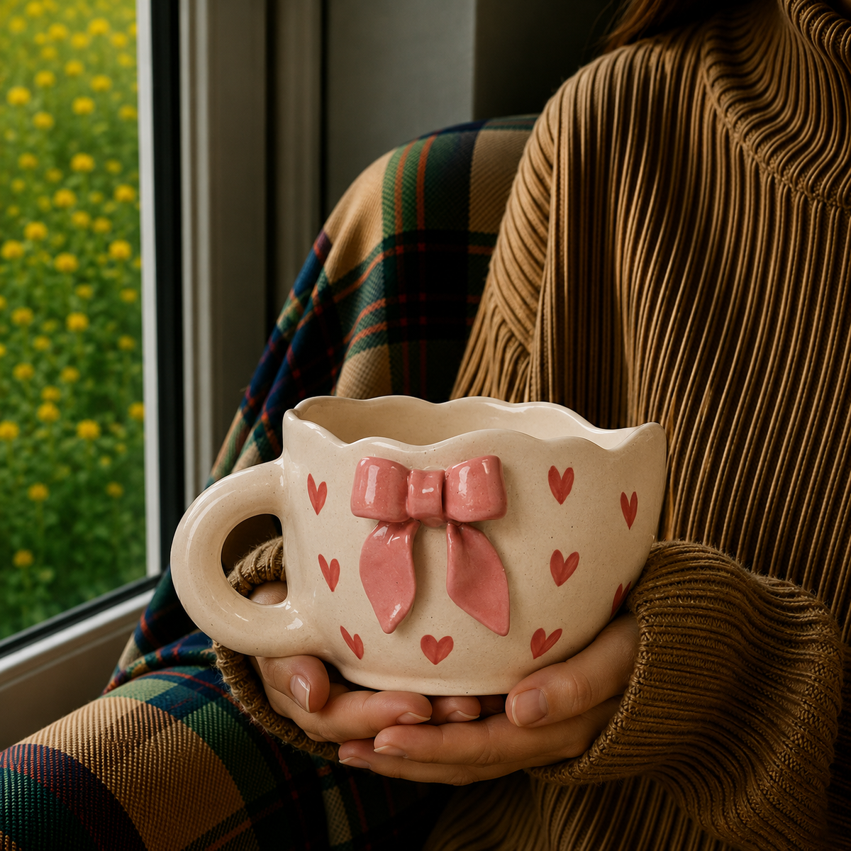 White Ceramic Heart Mug with 3D Pink Bow – Cute Aesthetic Coffee Cup for Tea & Coffee
