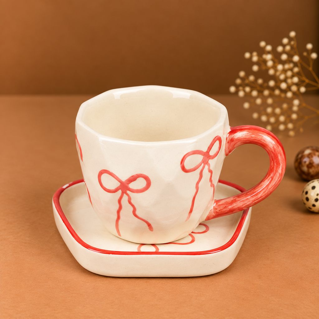 White Ceramic Bow Tea Cup & Saucer Set – Pink Hand-Painted Ribbon Coffee Cup