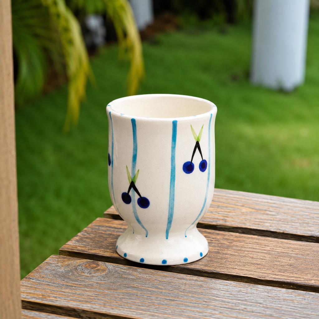 Ceramic Drinking Cup with Blue Cherry & Stripe Design