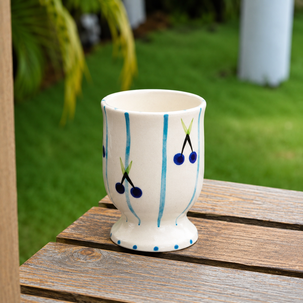 Ceramic Drinking Cup with Blue Cherry & Stripe Design
