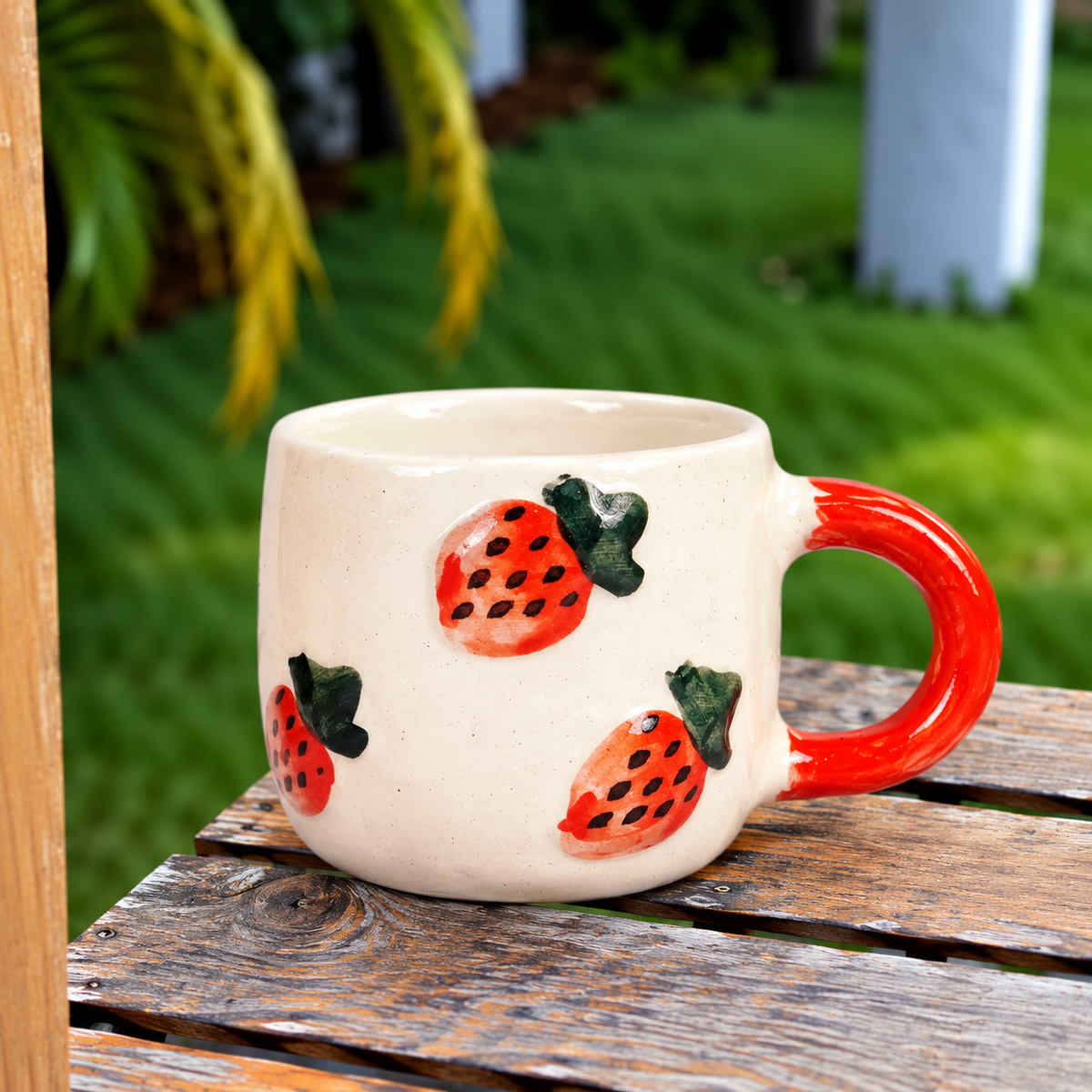 White Ceramic Strawberry Mug – 3D Fruit Design Coffee & Tea Cup with Red Handle