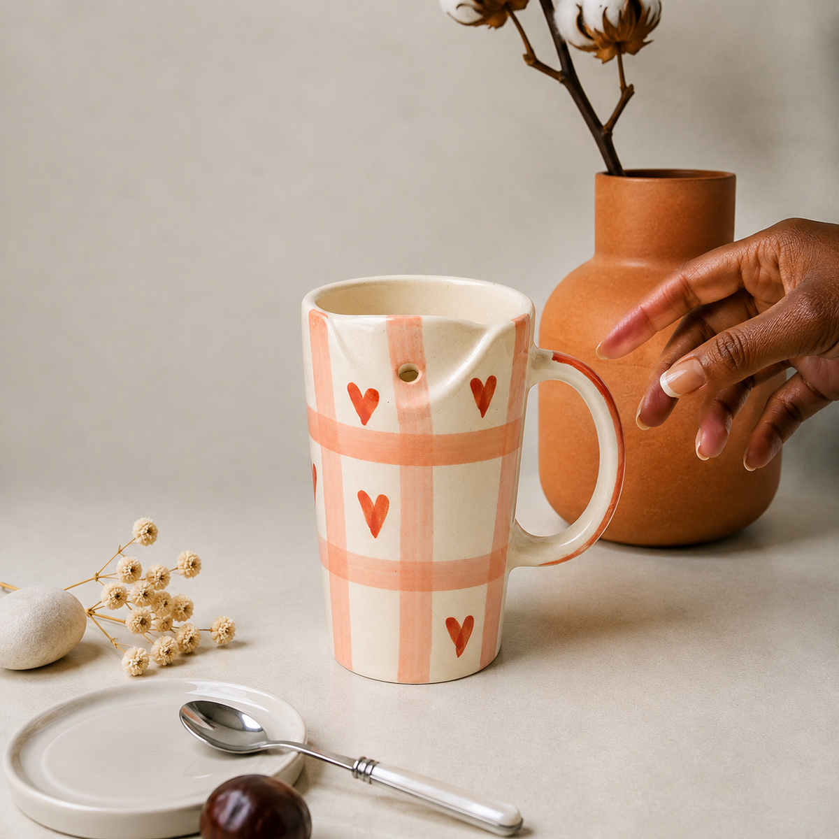 Peach & White Ceramic Mug with Heart Design – Cute Aesthetic Coffee Cup for Tea & Coffee