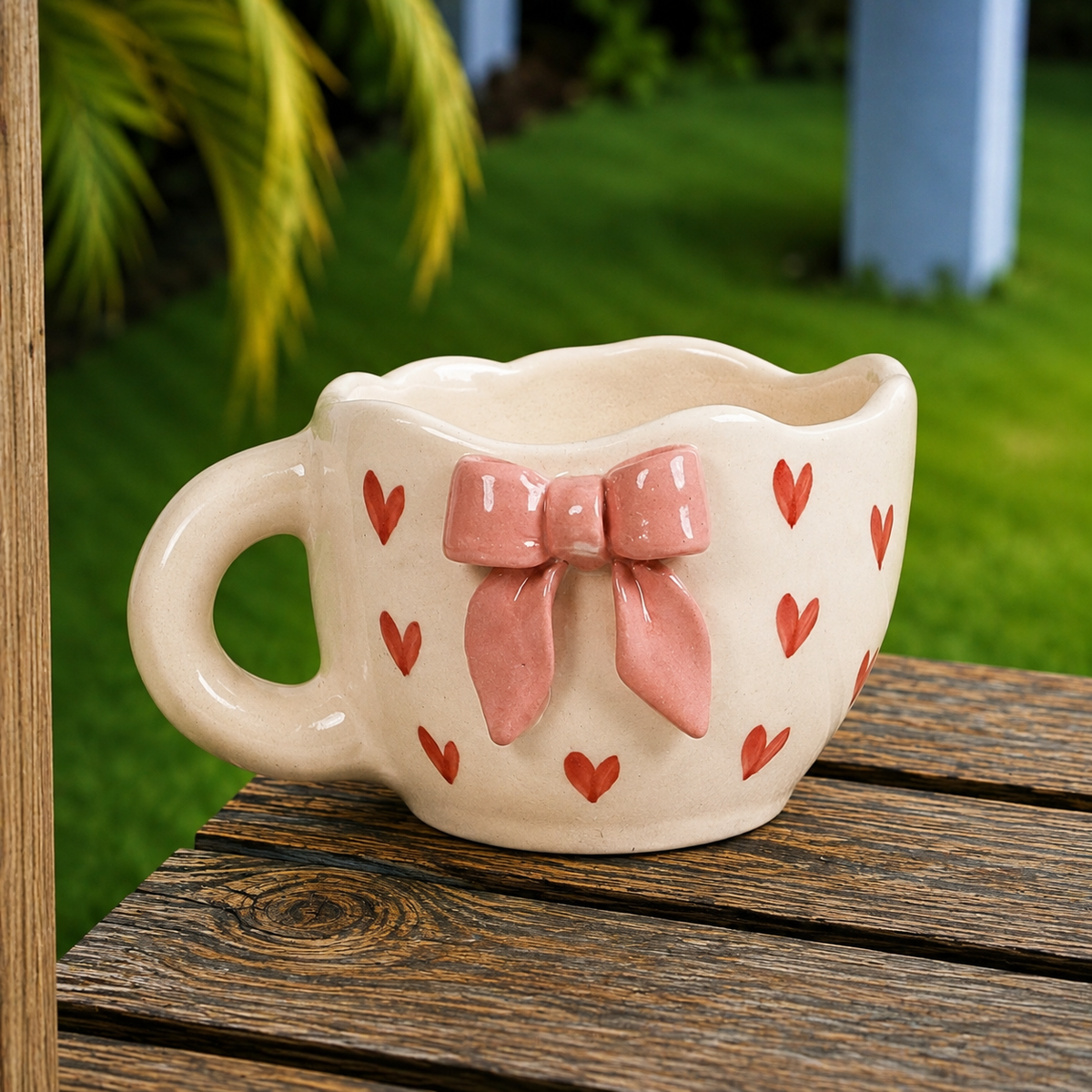 White Ceramic Heart Mug with 3D Pink Bow – Cute Aesthetic Coffee Cup for Tea & Coffee