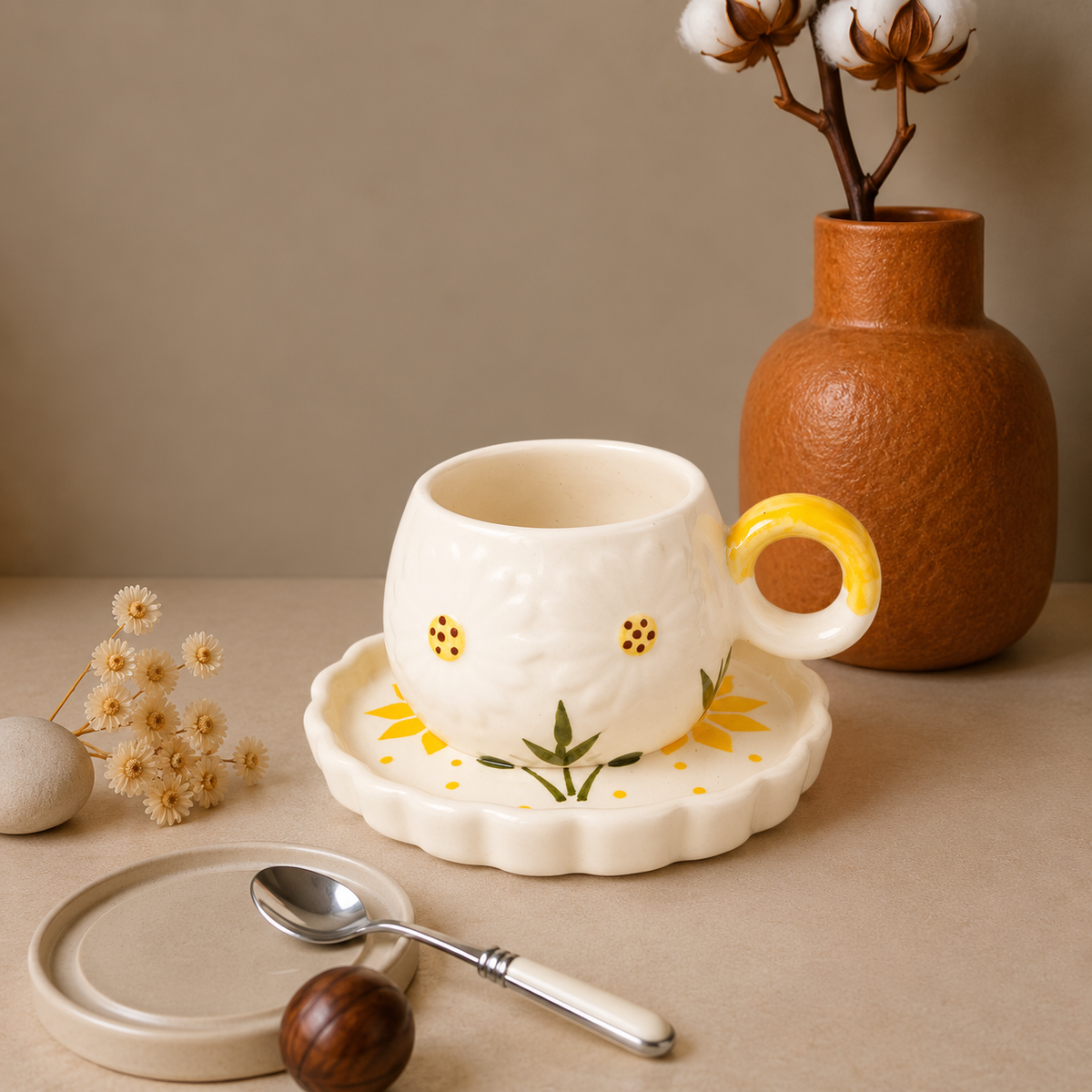 White Ceramic Orange Mug – Hand-Painted Citrus & Sun Design Coffee Cup