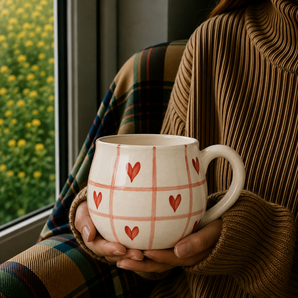 White Ceramic Heart Print Mug – Cute Pink Grid Design Coffee & Tea Cup