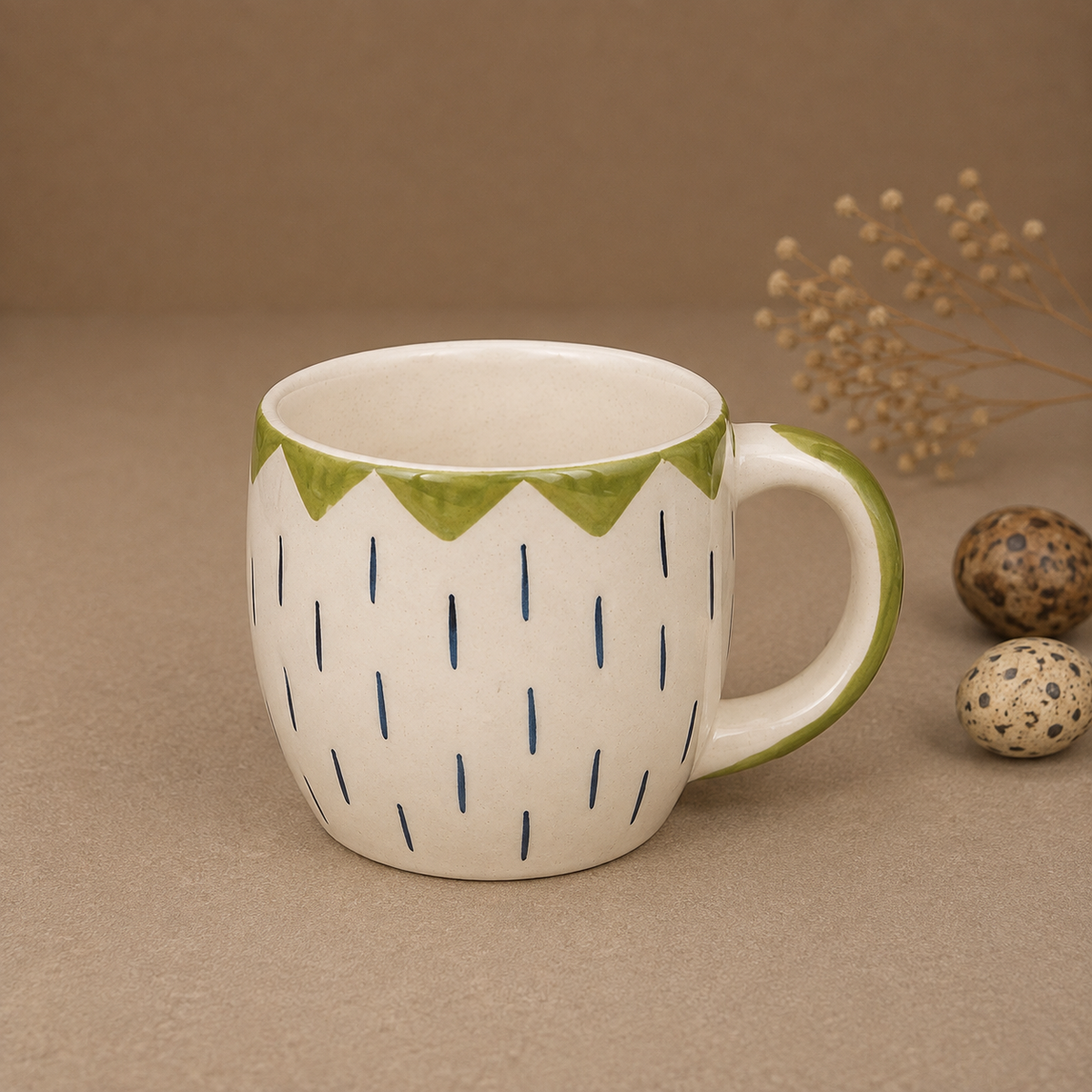 White & Green Ceramic Mug with Hand-Painted Leaf Design – Cute Aesthetic Coffee Cup for Tea & Home
