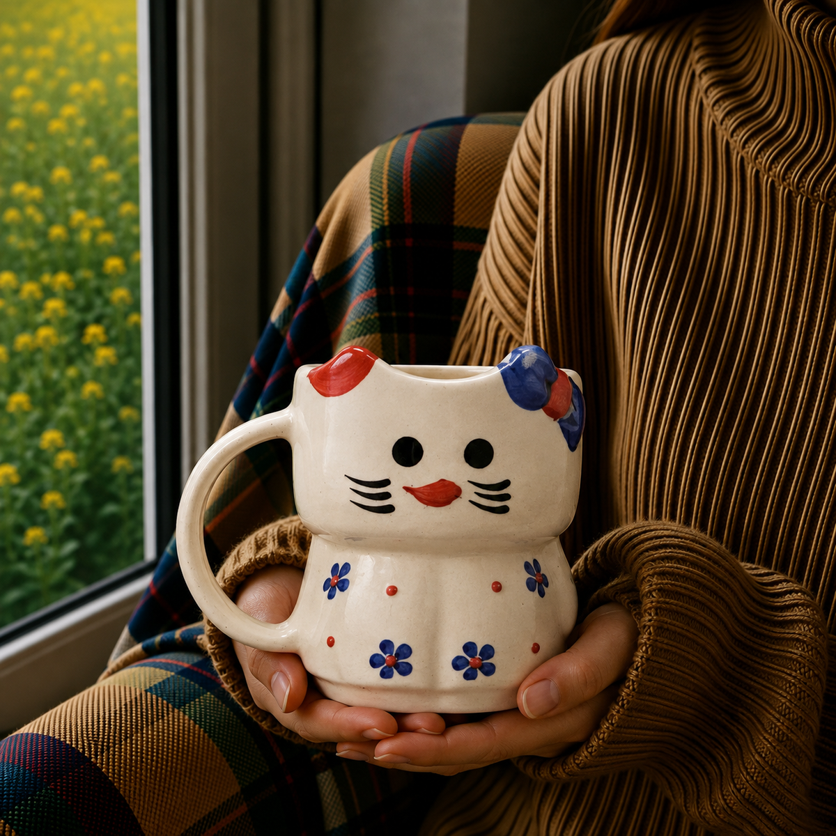 Cute Cat Ceramic Mug with Floral Design – Adorable Aesthetic Coffee Cup for Tea & Coffee
