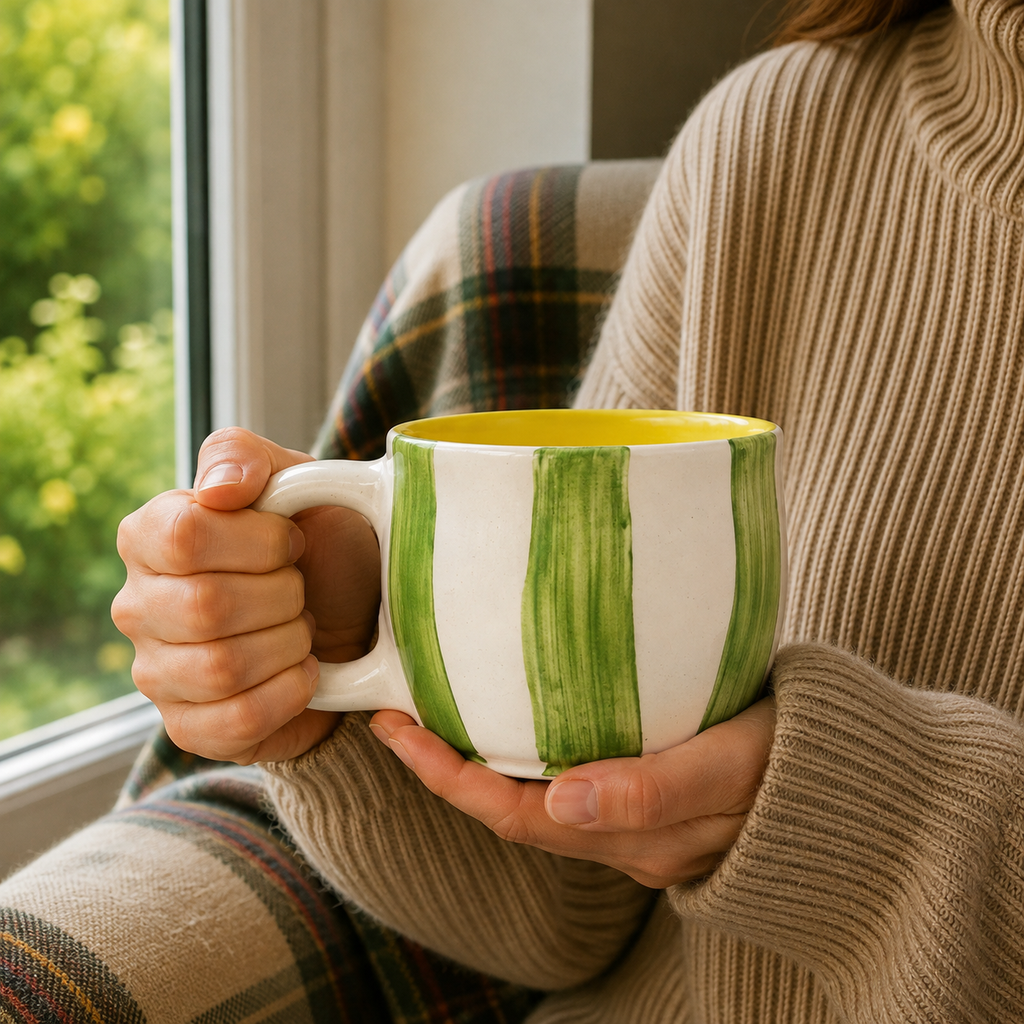 Hand-Painted Green Striped Ceramic Mug | Artistic Coffee & Tea Cup with Yellow Interior