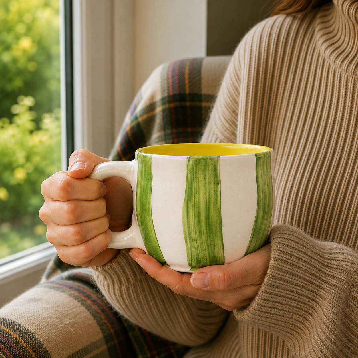 Hand-Painted Green Striped Ceramic Mug | Artistic Coffee & Tea Cup with Yellow Interior