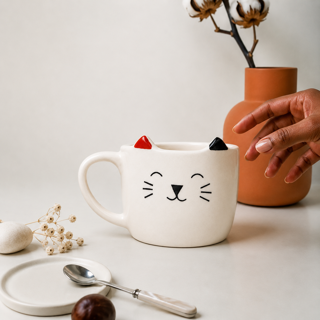Cat Ceramic Coffee Mug with Cat Face & Ear Design, Adorable White Tea Cup