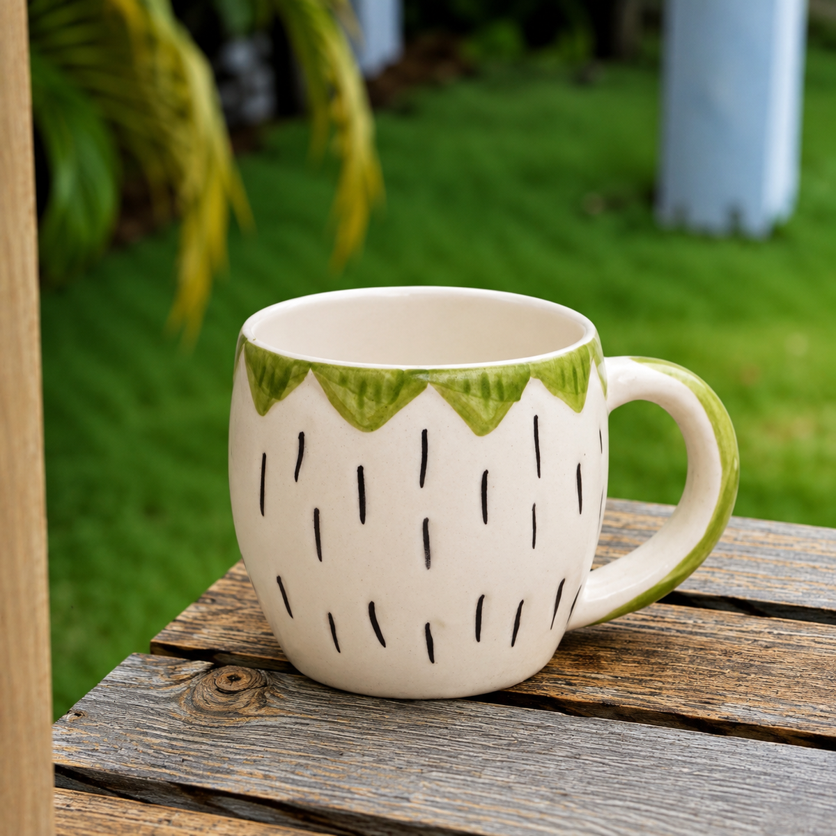 White & Green Ceramic Mug with Hand-Painted Leaf Design – Cute Aesthetic Coffee Cup for Tea & Home