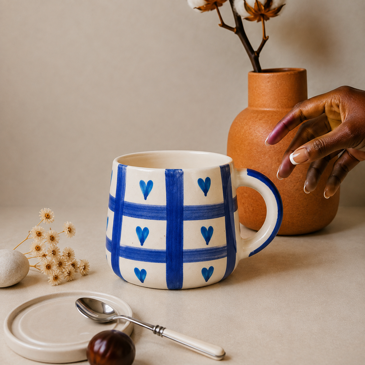 White & Blue Ceramic Mug with Heart Grid Design – Cute Aesthetic Coffee Cup for Tea & Coffee
