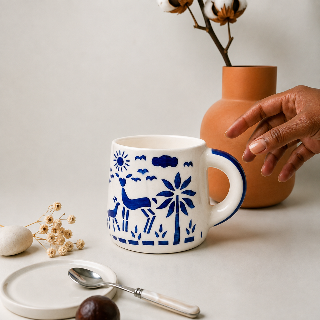 White Ceramic Coffee Mug with Blue Hand Painted Ocean & Nature Design