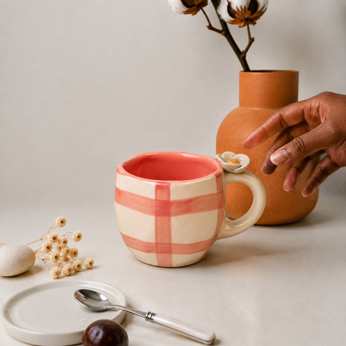 Peach & Cream Ceramic Mug with Flower Handle – Cute Aesthetic Coffee Cup for Tea & Home