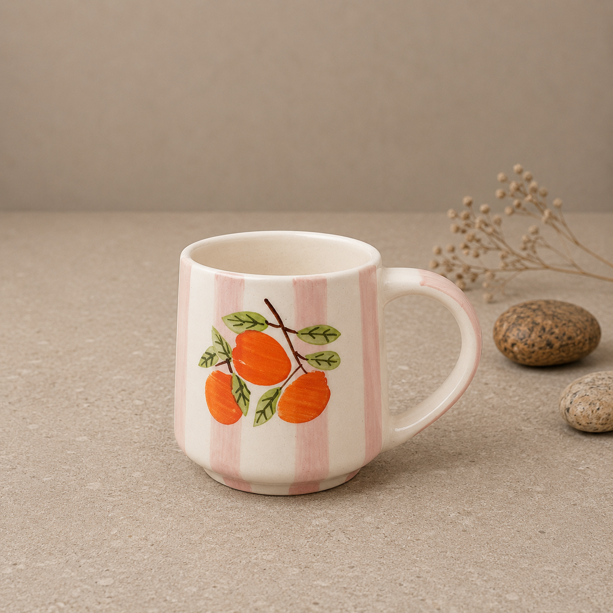 Ceramic Coffee Mug with Hand Painted Orange Fruit Design & Pink Stripe Pattern