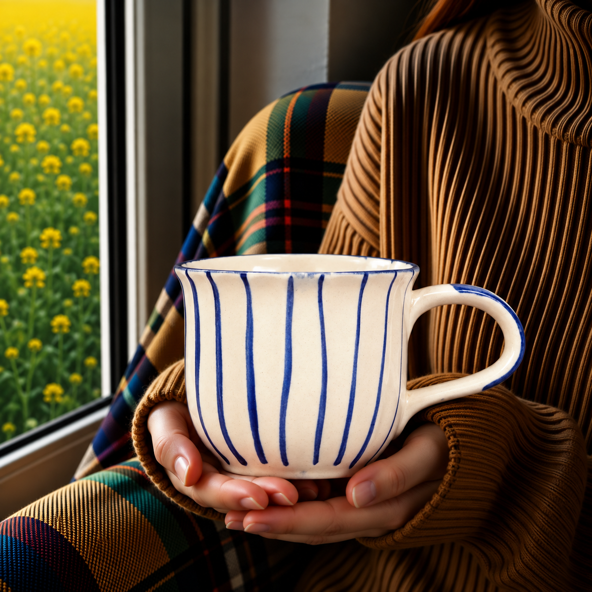 White Ceramic Tea Cup & Saucer Set – Blue Hand-Painted Striped Coffee Cup