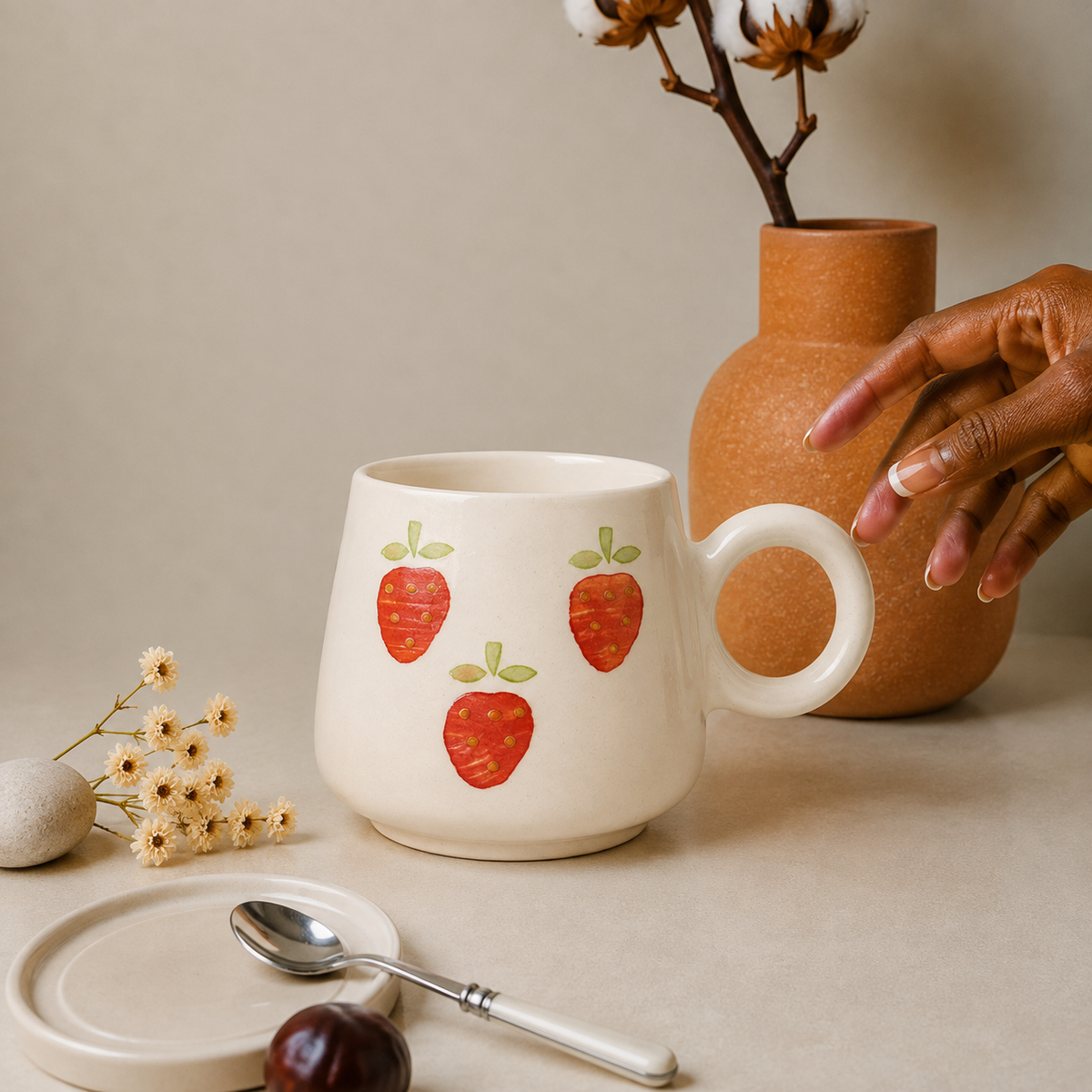 White Ceramic Strawberry Mug – Cute Fruit Print Coffee & Tea Cup