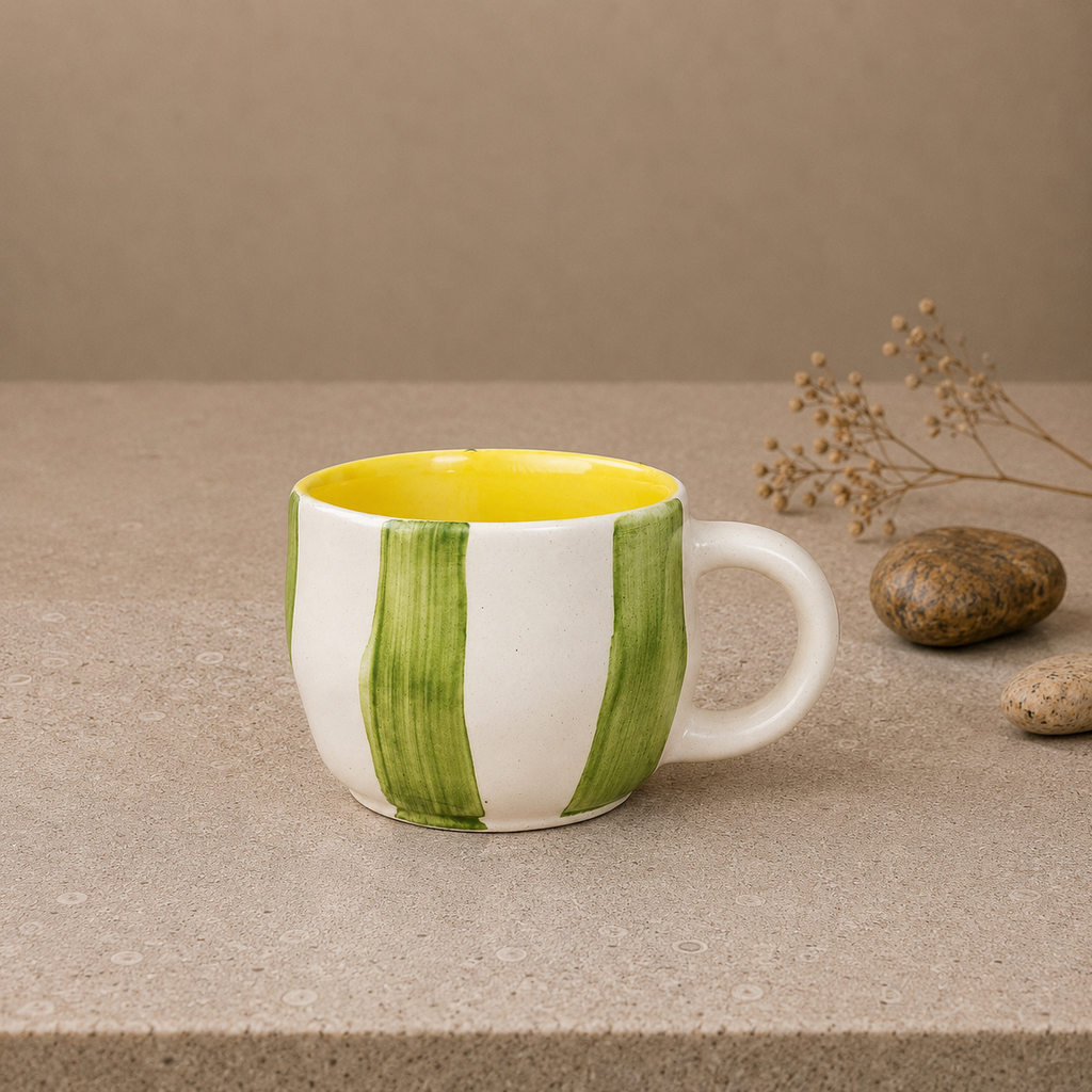 Hand-Painted Green Striped Ceramic Mug | Artistic Coffee & Tea Cup with Yellow Interior