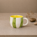 Hand-Painted Green Striped Ceramic Mug | Artistic Coffee & Tea Cup with Yellow Interior