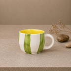 Hand-Painted Green Striped Ceramic Mug | Artistic Coffee & Tea Cup with Yellow Interior