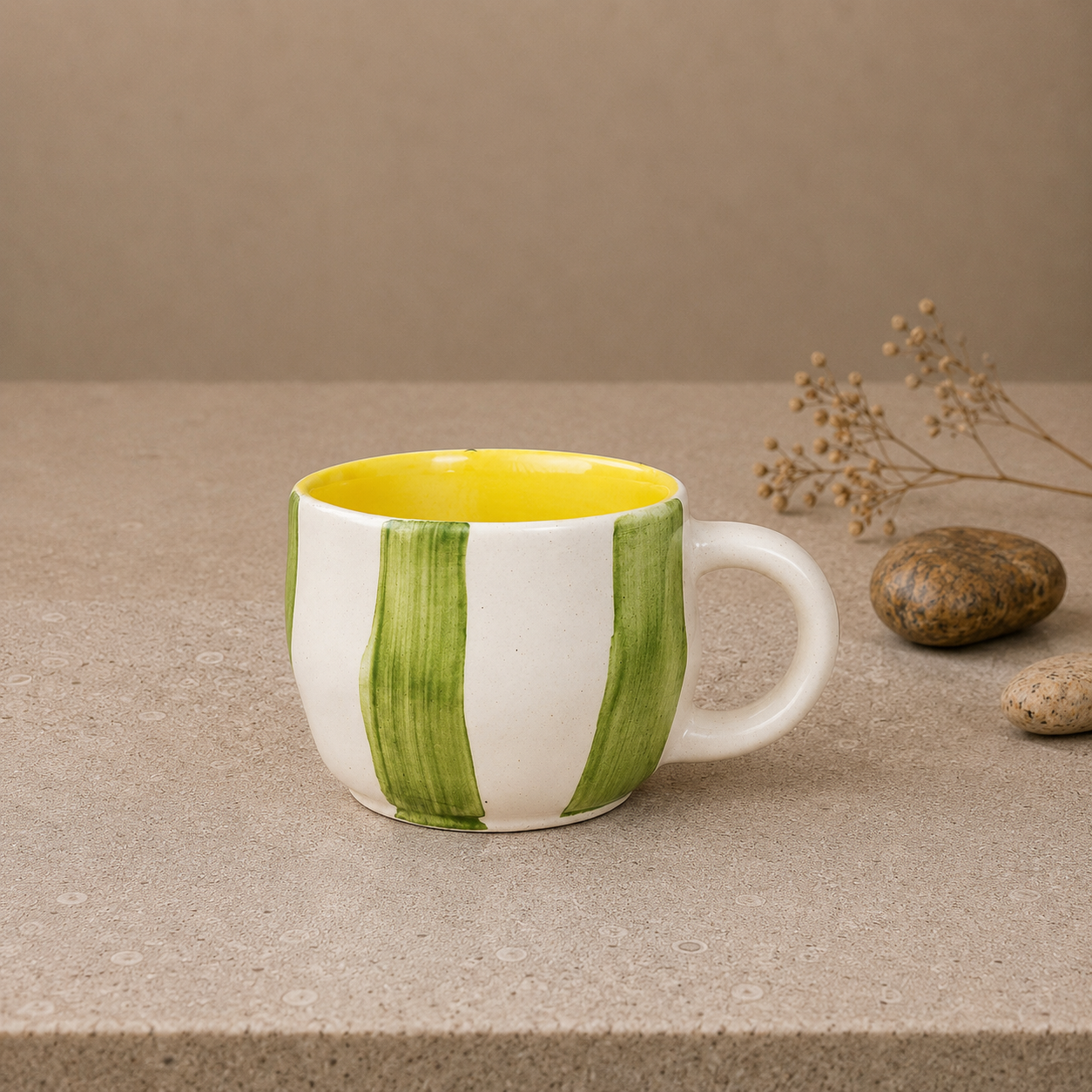 Hand-Painted Green Striped Ceramic Mug | Artistic Coffee & Tea Cup with Yellow Interior