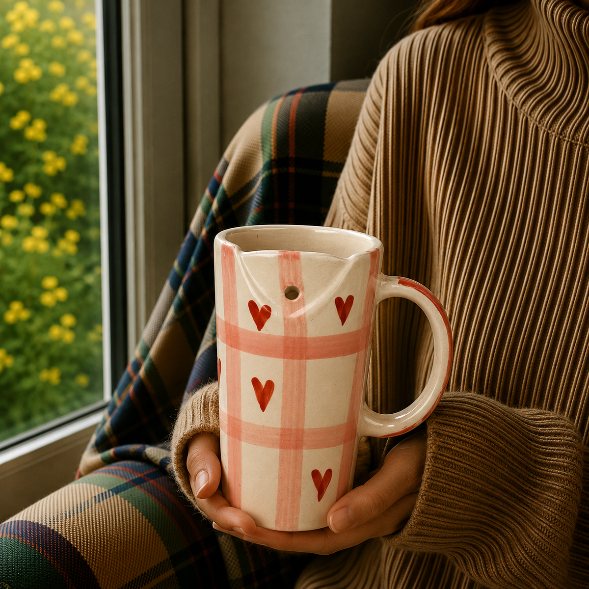 Peach & White Ceramic Mug with Heart Design – Cute Aesthetic Coffee Cup for Tea & Coffee