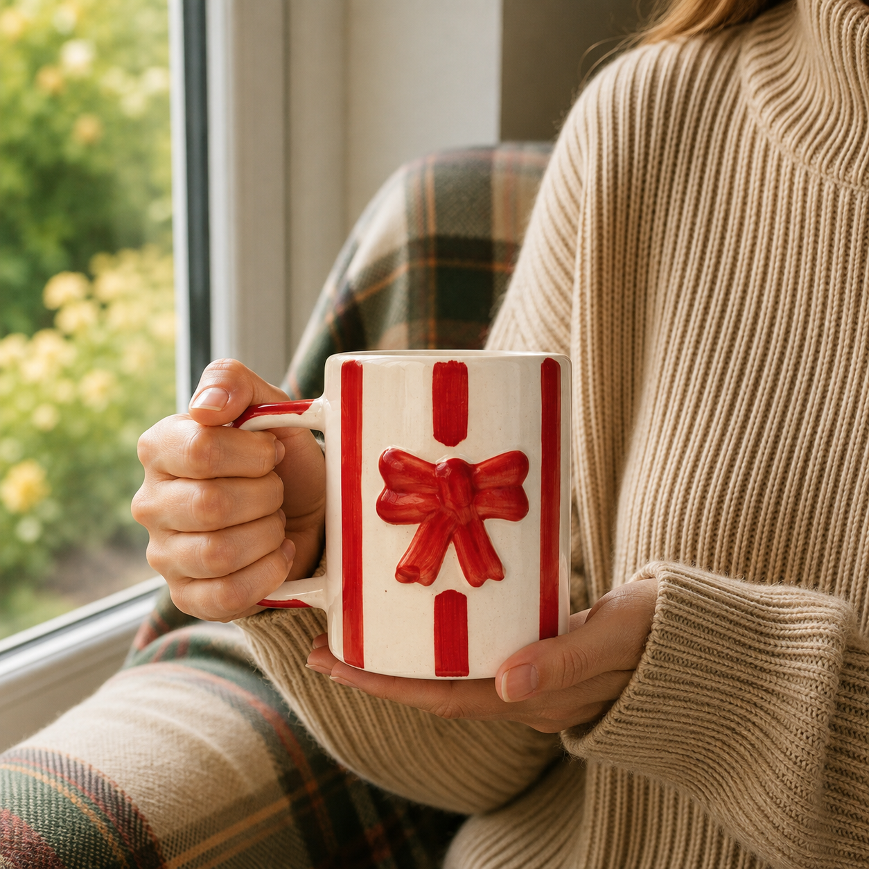 Ceramic Coffee Mug with Red Bow Design,