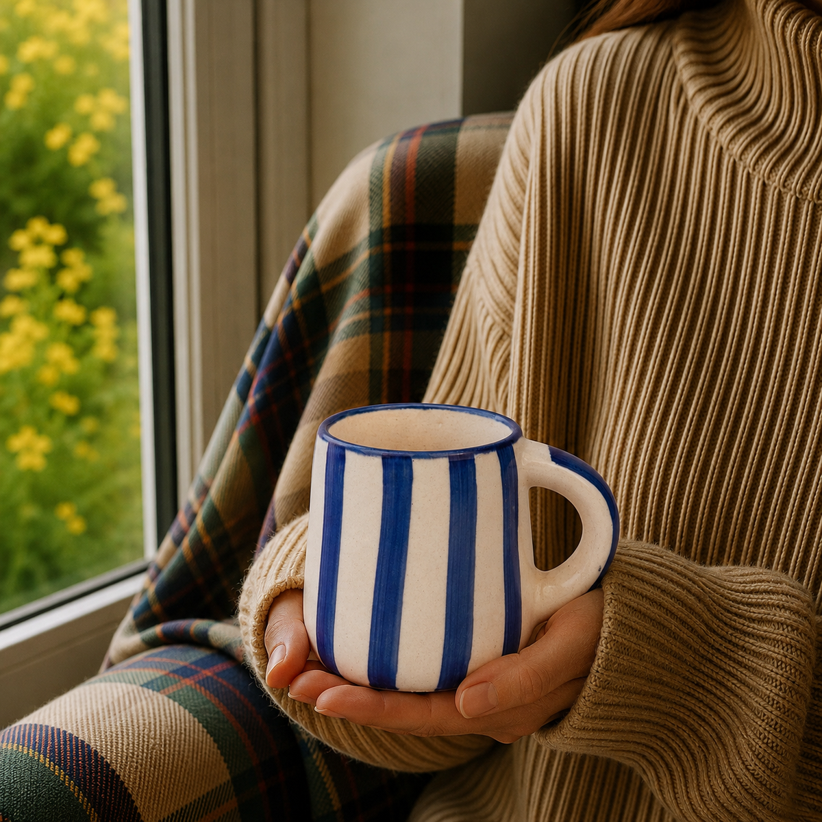 Blue & White Striped Ceramic Mug – Hand-Painted Style Coffee Cup for Tea, Coffee & Home