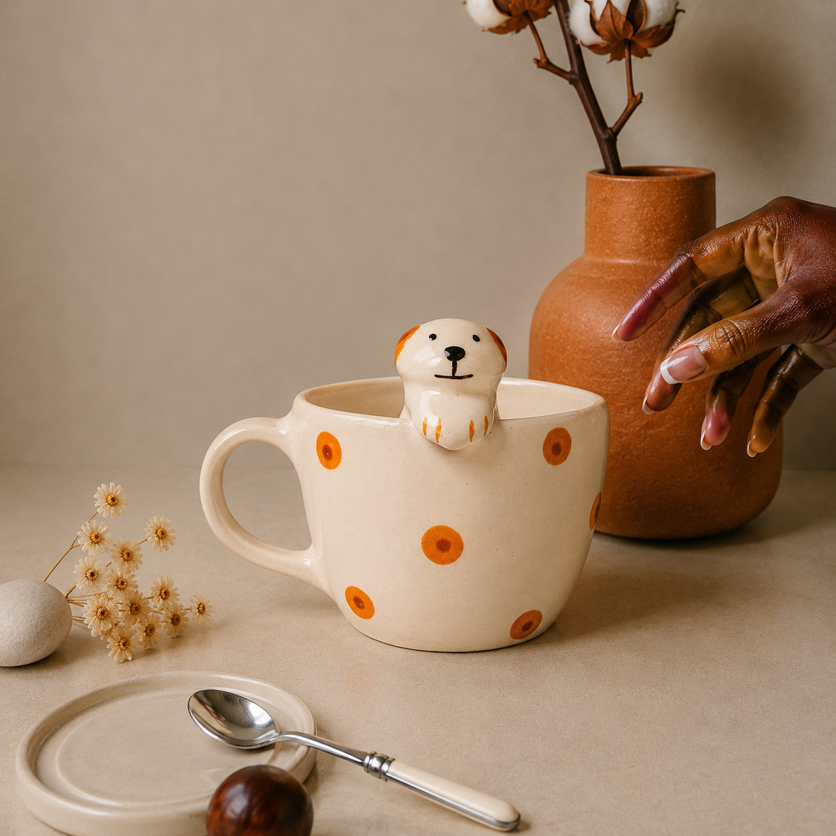 Cute Puppy Ceramic Mug with Orange Polka Dots – Adorable Animal Coffee Cup for Tea & Beverages