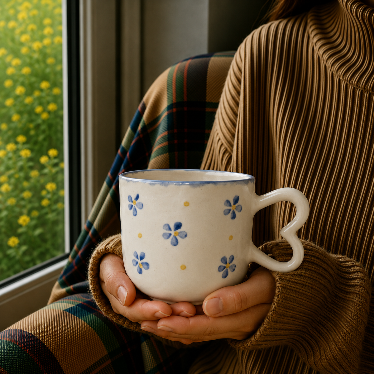 White Ceramic Blue Flower Mug – Cute Floral Print Coffee & Tea Cup