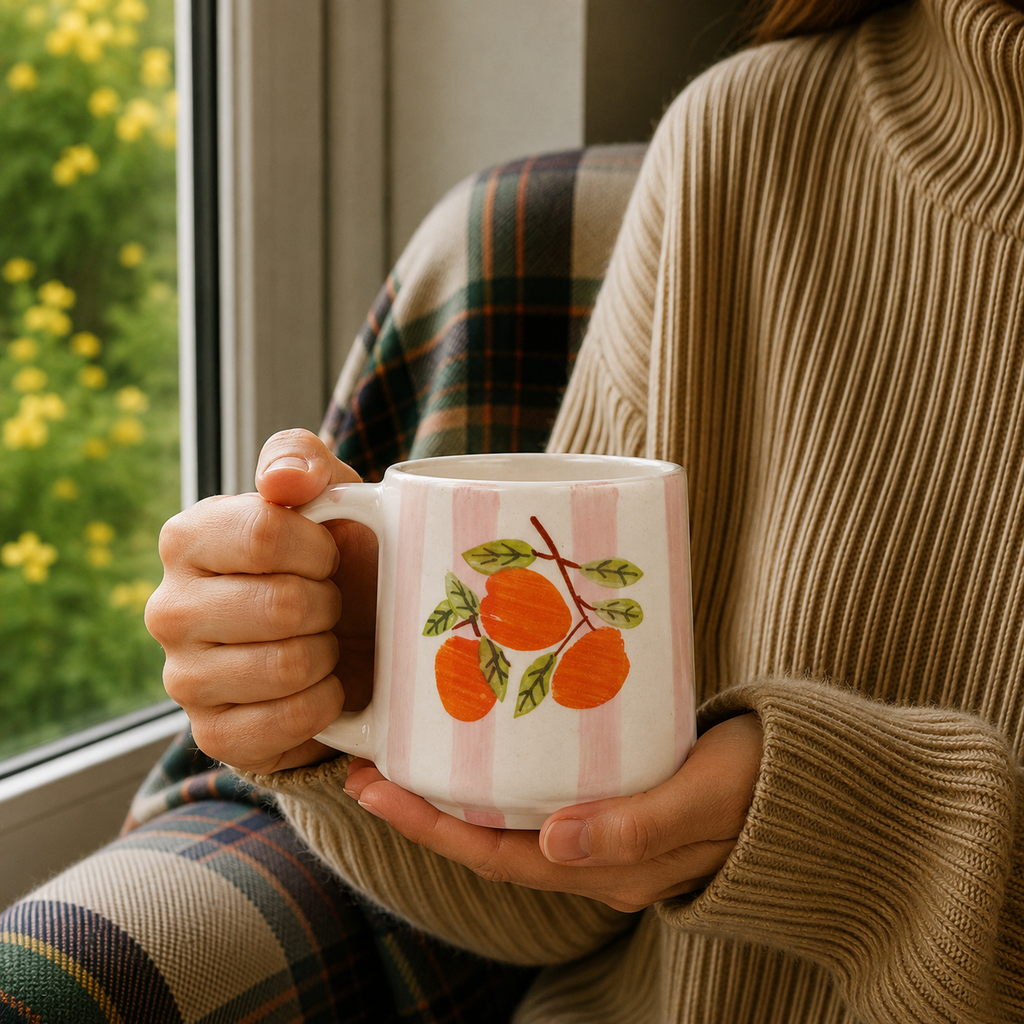 Ceramic Coffee Mug with Hand Painted Orange Fruit Design & Pink Stripe Pattern