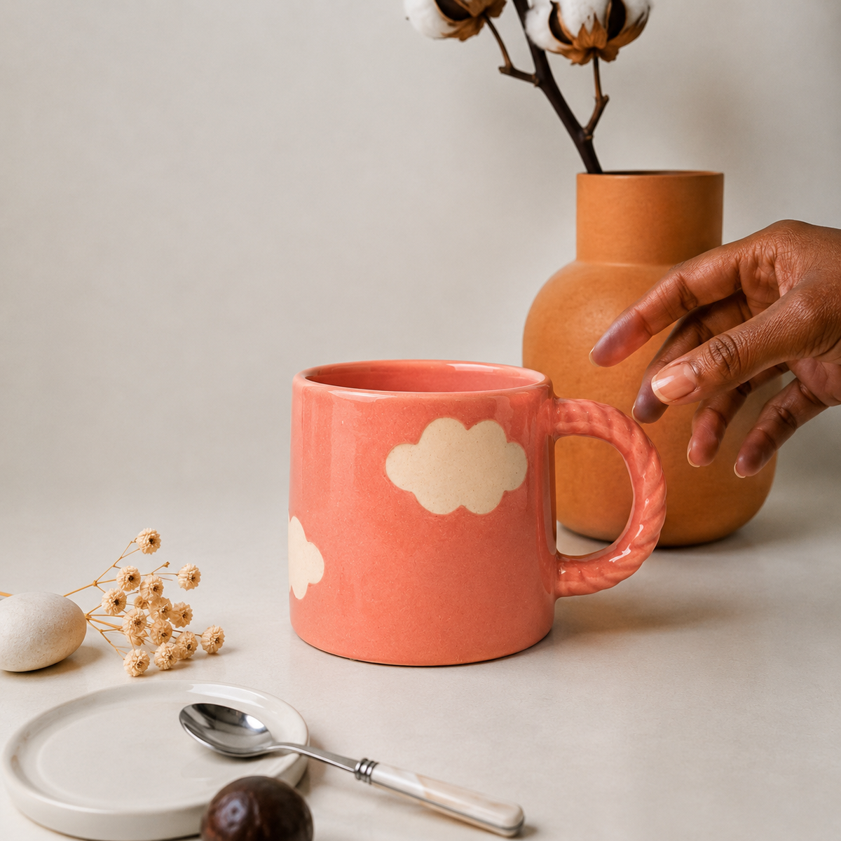 Coral Pink Ceramic Mug with Flower Design – Cute Aesthetic Coffee Cup for Tea, Coffee & Home