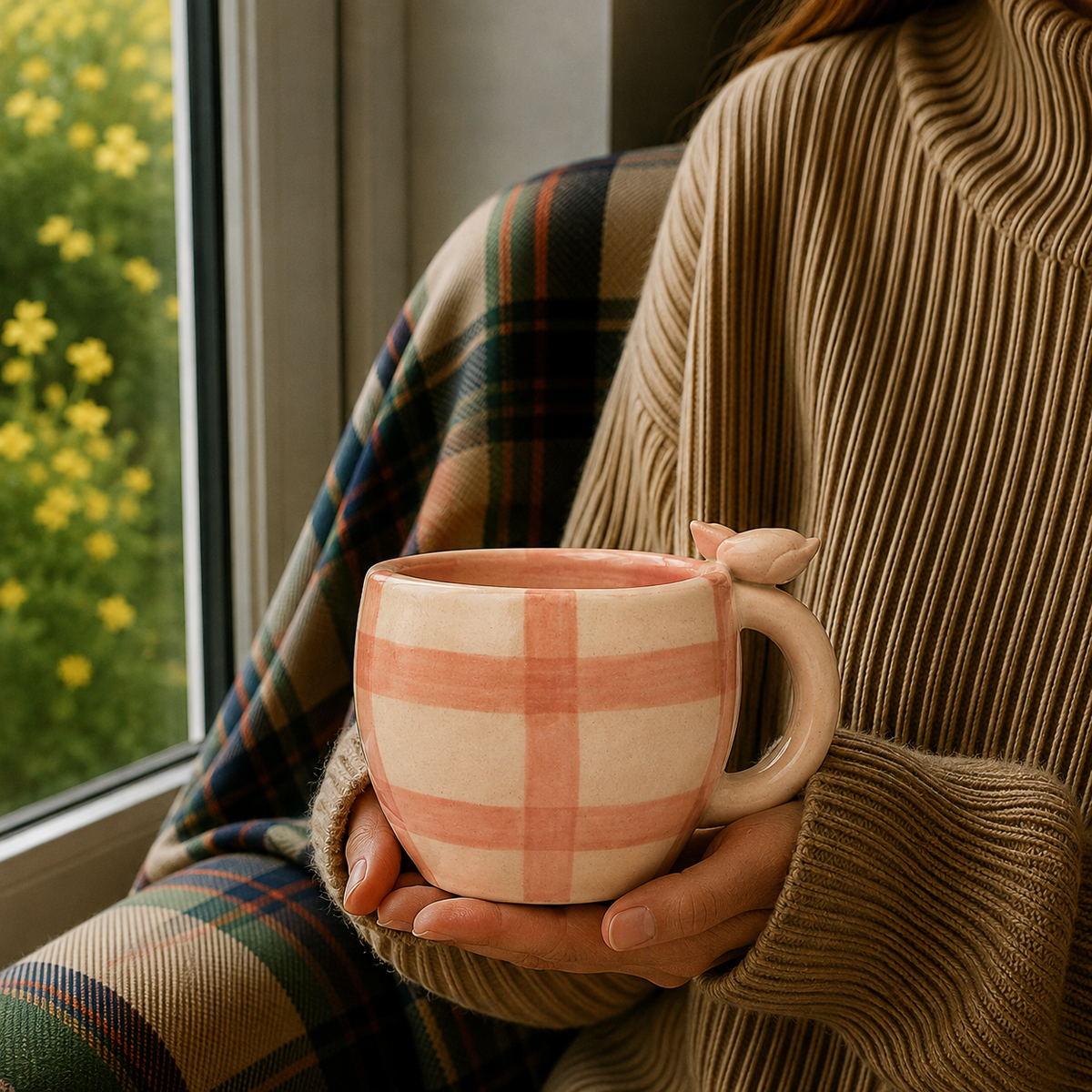 Peach & Cream Ceramic Mug with Flower Handle – Cute Aesthetic Coffee Cup for Tea & Home