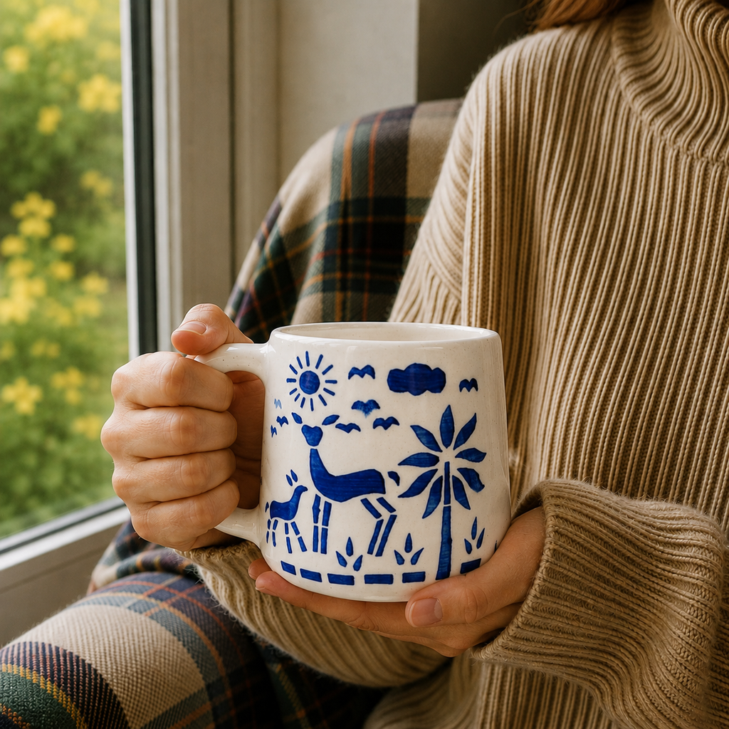 White Ceramic Coffee Mug with Blue Hand Painted Ocean & Nature Design