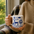 White Ceramic Coffee Mug with Blue Hand Painted Ocean & Nature Design