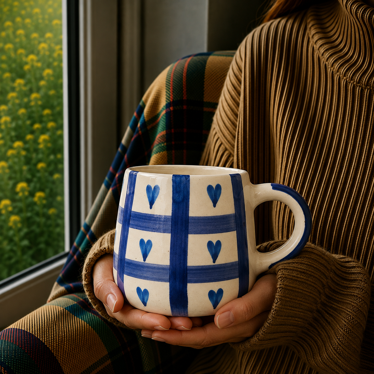 White & Blue Ceramic Mug with Heart Grid Design – Cute Aesthetic Coffee Cup for Tea & Coffee