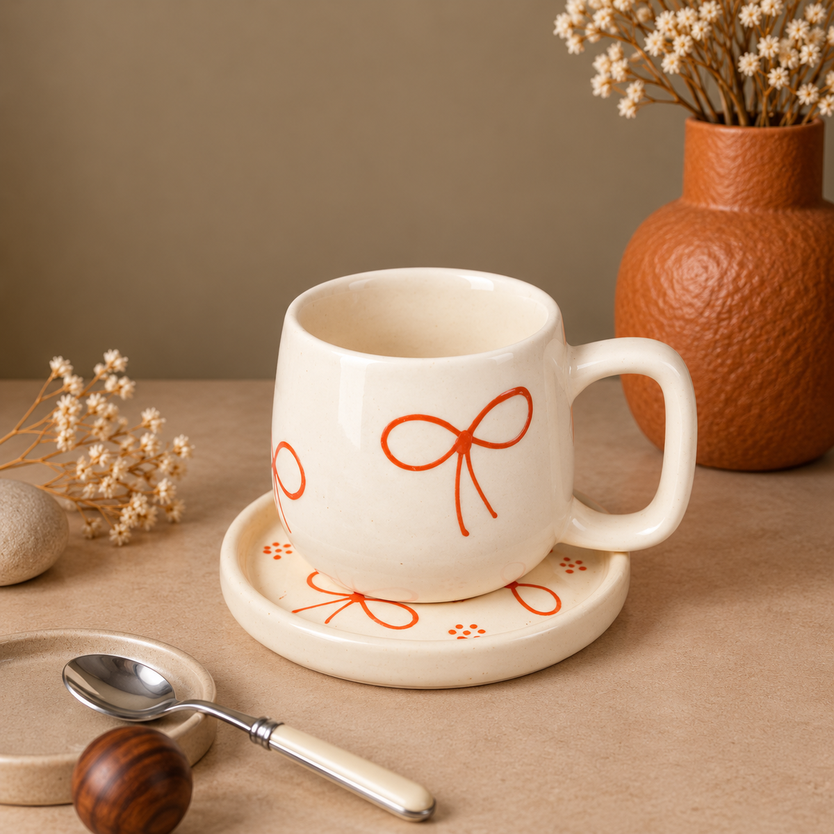 White Ceramic Bow Mug with Saucer – Cute Ribbon Design Coffee & Tea Cup